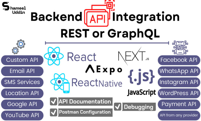 Do backend api integration rest or graphql in react js, react native ...
