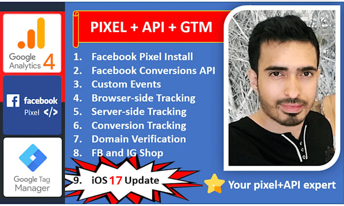 or setup facebook pixel, ios 17 update conversions API, google analytics events
