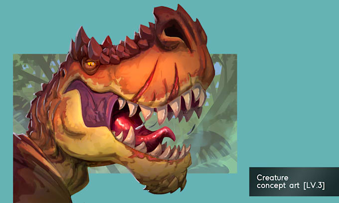 illustrate dinosaur, creature and dragon in digital painting, no ai