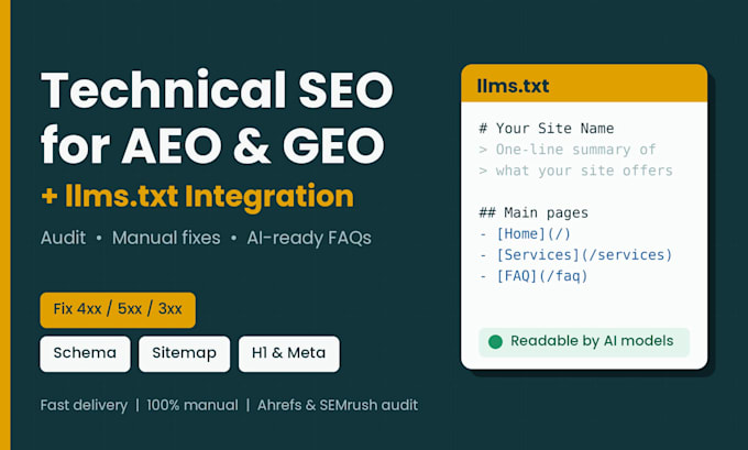 do technical SEO audit, fix errors and add llms txt for ai search