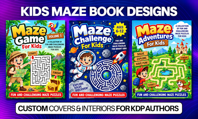 design kids activity book, maze puzzle book cover and KDP interior