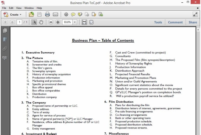 Send A Complete Business Plan Table Of Contents By Ncberns Fiverr