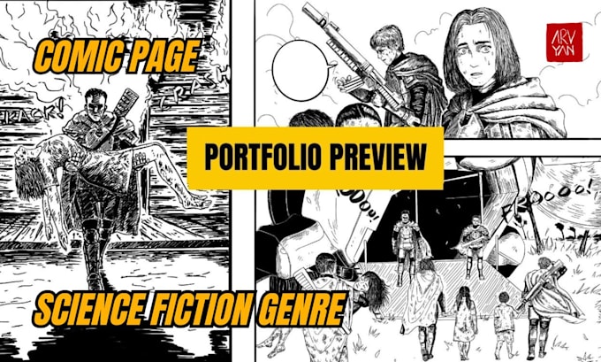 draw science fiction genre comic page with my dark art style