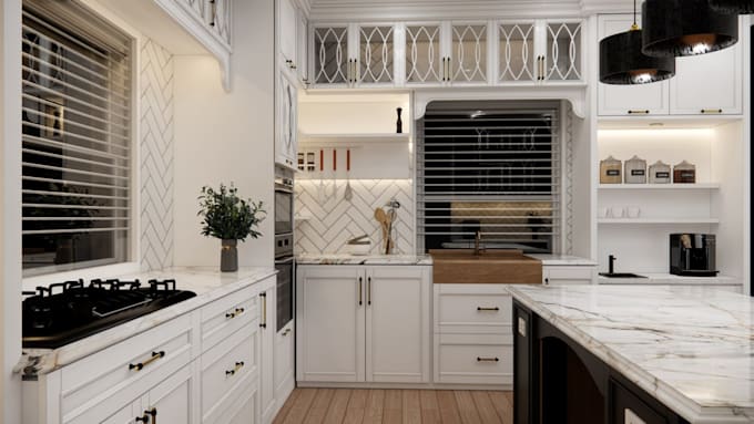 do realistic 3d interior design for bedroom, kitchen, living, and bathroom