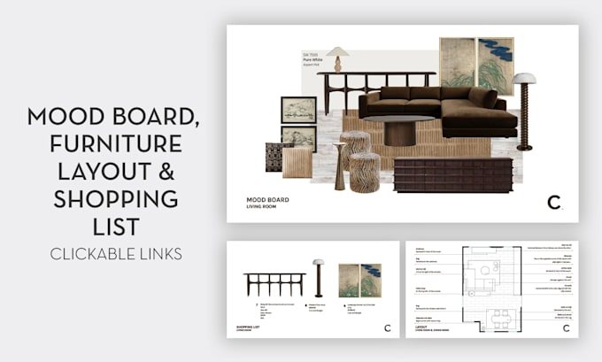 interior design mood board, furniture layout and shopping list