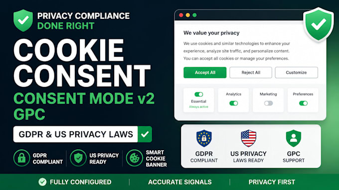 set up cookie consent, consent mode v2 and gpc for gdpr and US privacy laws