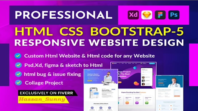 Create rsponsive website design with html css bootstrap and javascript ...