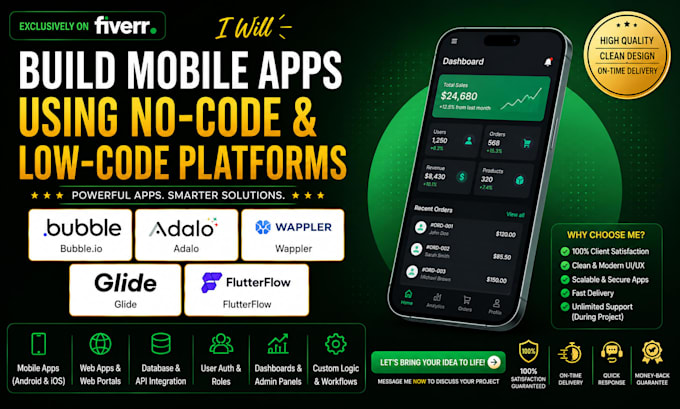 build mobile app, bubble io, adalo, wappler, glide, flutterflow