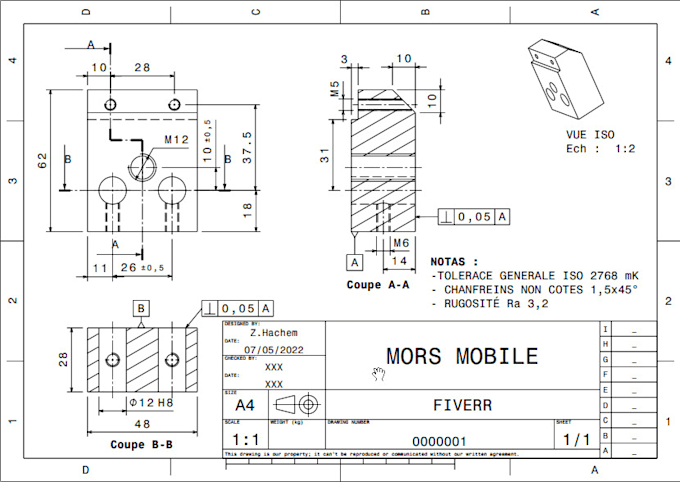 Make a 2d drawing of your part and assembly by Zakaria_hachem | Fiverr