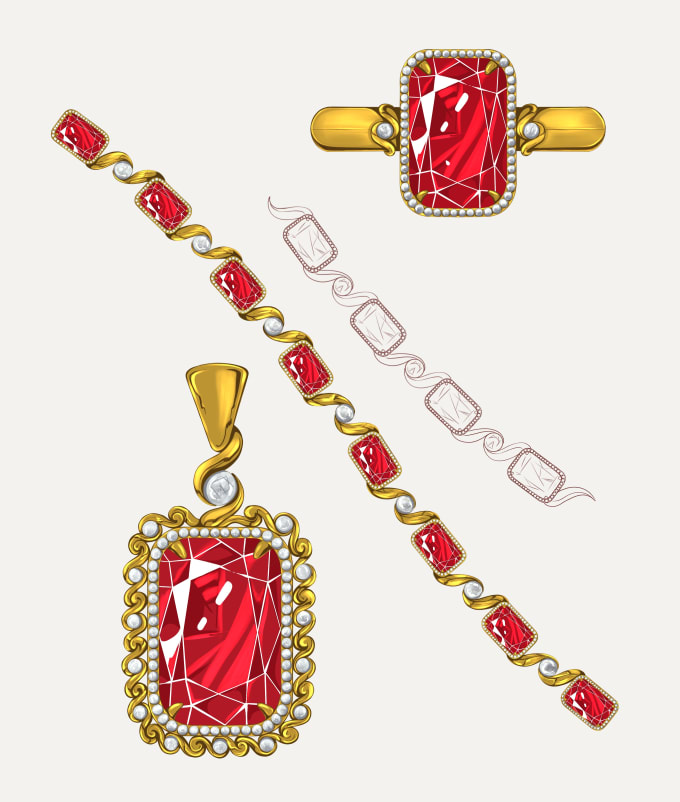 do  jewelry design sketch ring, earrings, bracelet, necklace