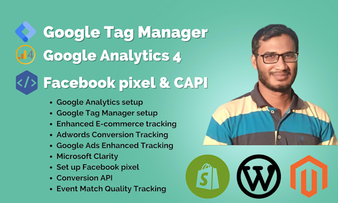 setup gtm, ga4, microsoft clarity, fb conversion API or facebook events datasets