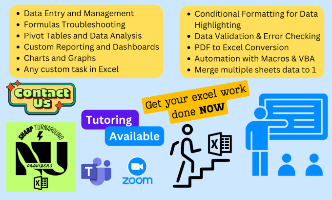 do any excel tasks as formulas, vba, dashboards or tutoring
