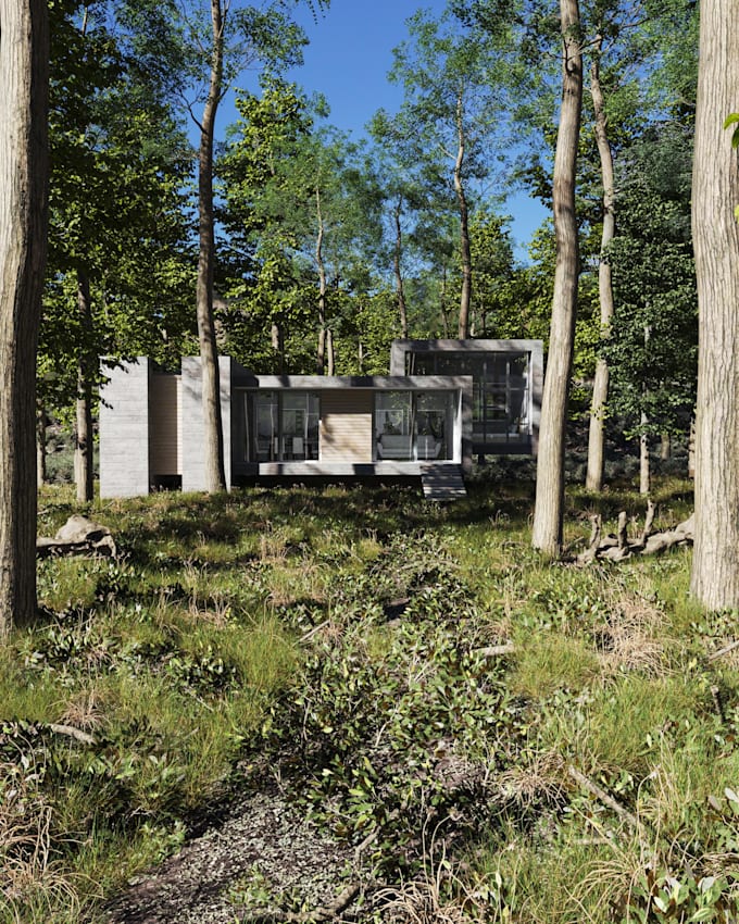create photorealistic 3d forest houses and architectural visualizations