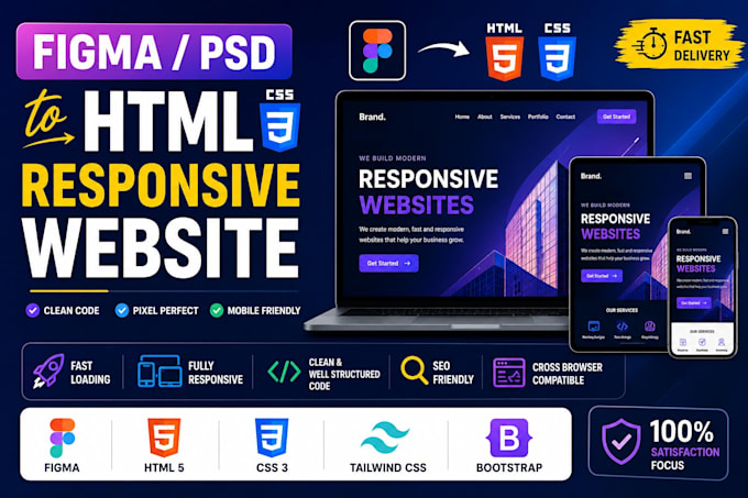 convert figma PSD to responsive HTML CSS bootstrap tailwind