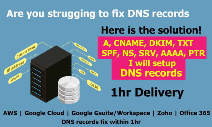 setup or fix any dns records within 1hr like cname, mx, txt