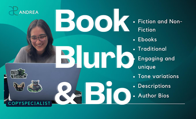 write a hooking book blurb, book description, and author bio