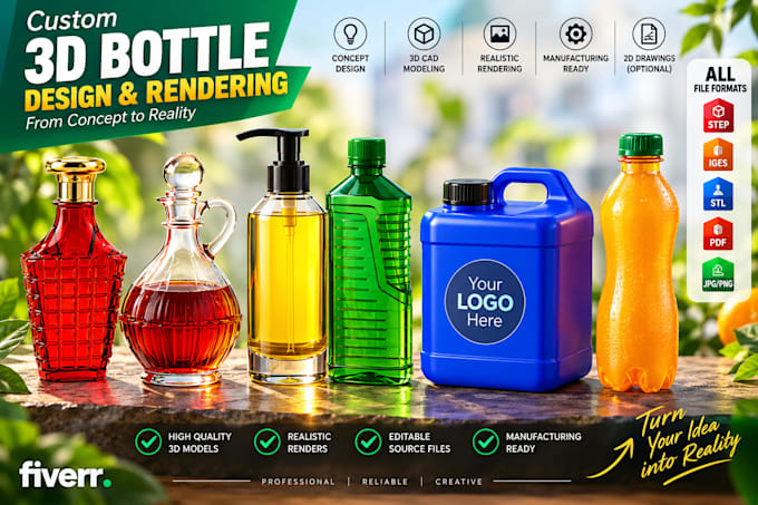 do stylish creative 3d bottle design and rendering,stl,png