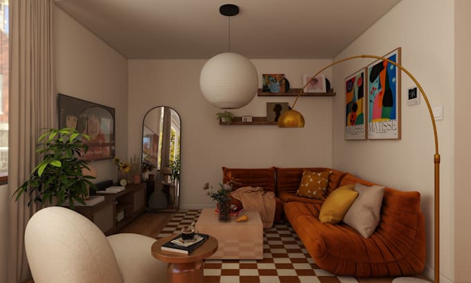 do home decorating plan with 3d model, render for bedroom, living room, kitchen