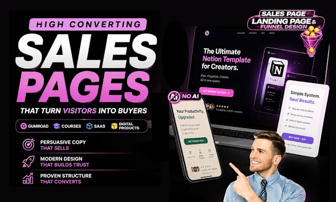 write, design a high converting landing page and sales page