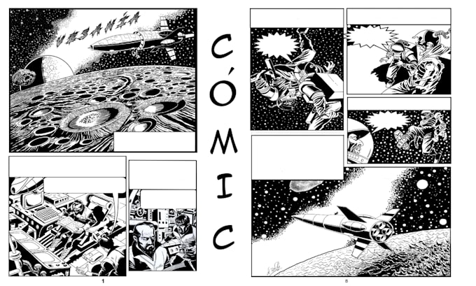 draw a highly detailed black and white retro comic book page