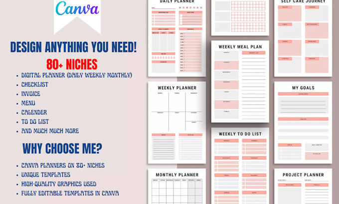 design canva printable journal and planner on 80 niches