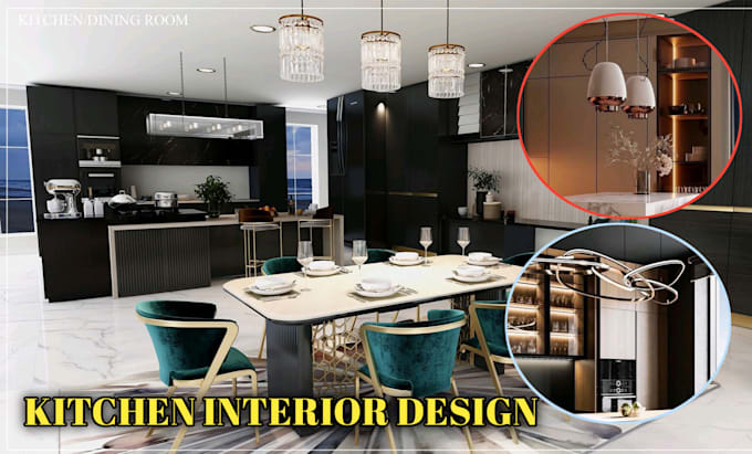 do kitchen interior design and modern bathroom in 3d realistic model