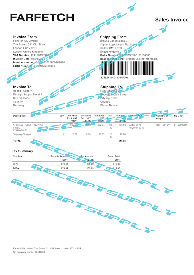 Provide accurate farfetch receipt by Receiptsupply Fiverr
