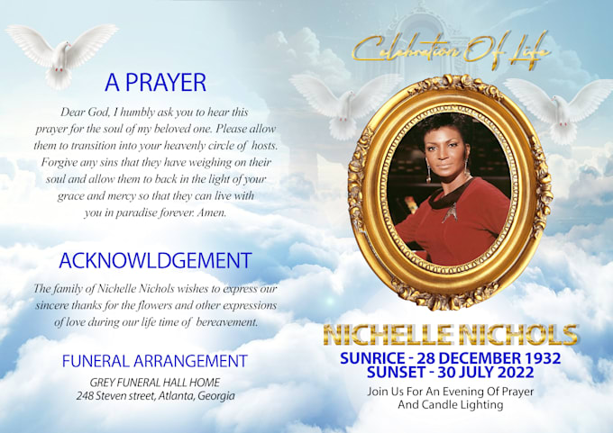 design funeral, obituary, memorial, program flyer