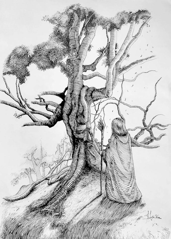 draw a detailed black and white engraving style illustration