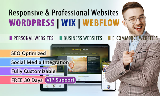 create responsive wordpress, webflow or wix websites