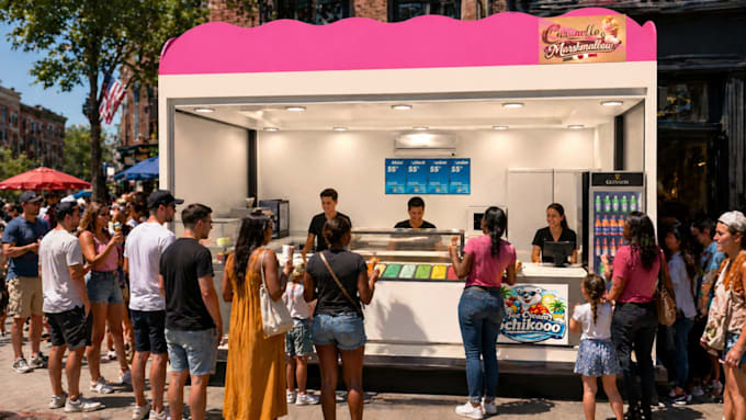 design realistic 3d ice cream shop, coffee shop and restaurant for cily approval
