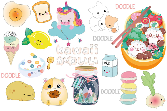Draw simple cute kawaii vector animal and object illustrations by ...