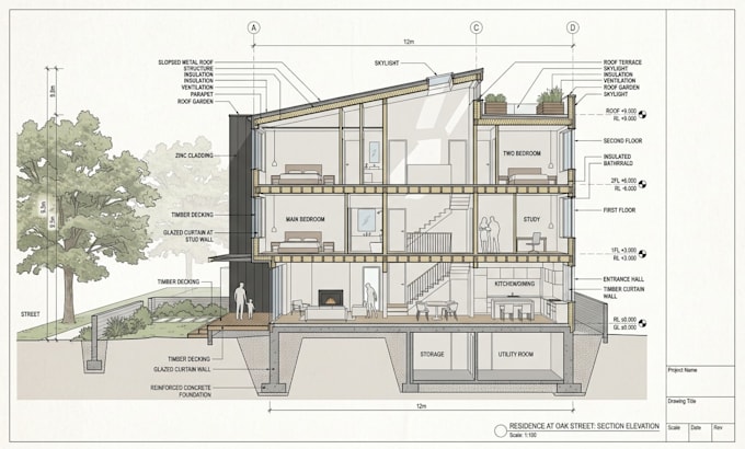 photoshop rendering design of an architectural 2d section, elevation