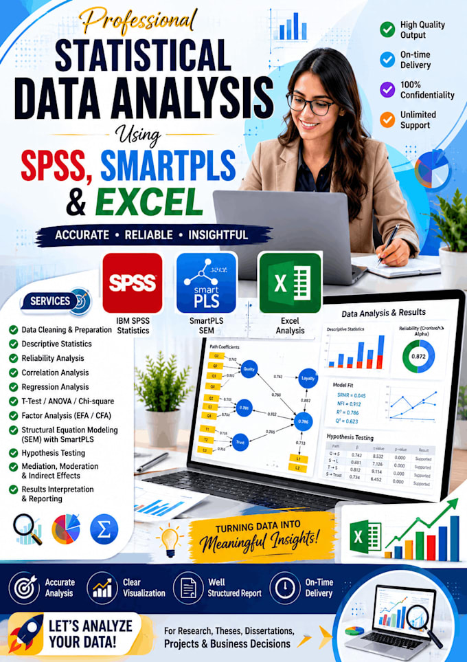 do statistical data analysis using spss, smart pls, excel with interpretation