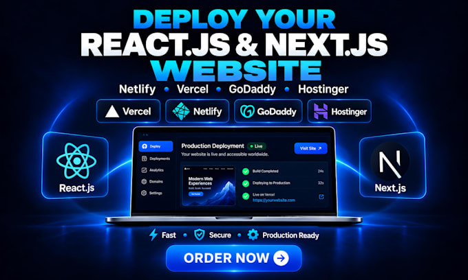 deploy your react js next js website to netlify, vercel, godaddy, hostinger