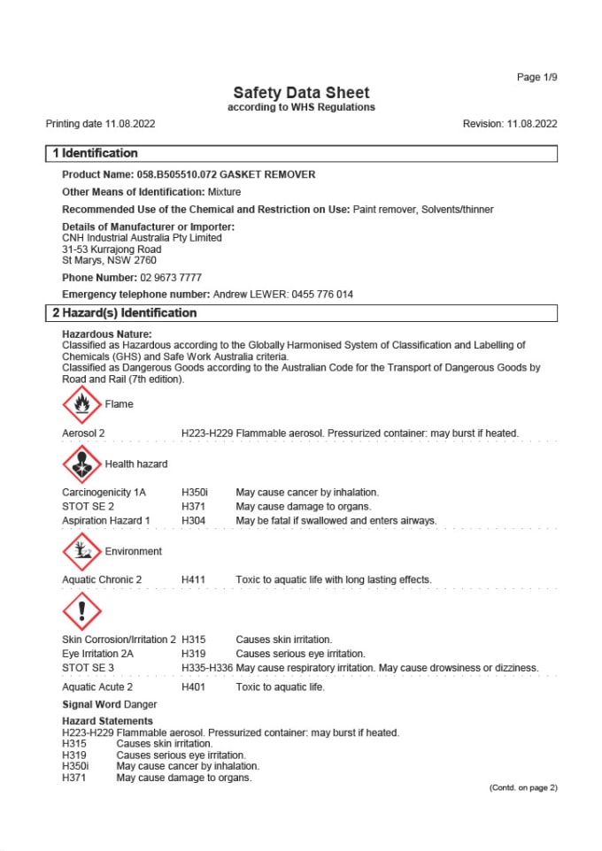 Create safety data sheets based on australian standards and ghs system