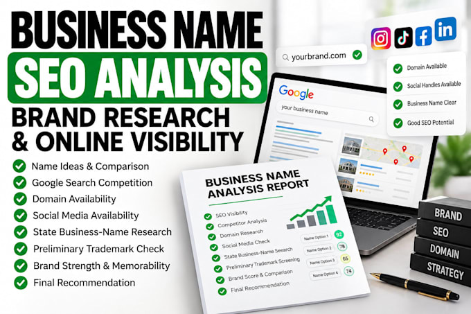 research your business name, SEO, branding, and online visibility