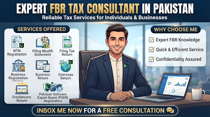 handle your ntn registration, return filing, company registration etc for fbr