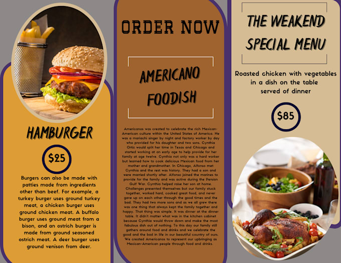 design a modern creative and professional restaurant menu
