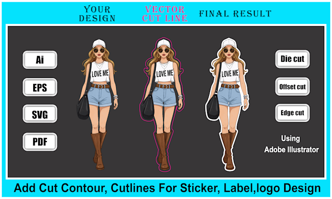 create cut contour, die cut, cut lines for logo and sticker in vector