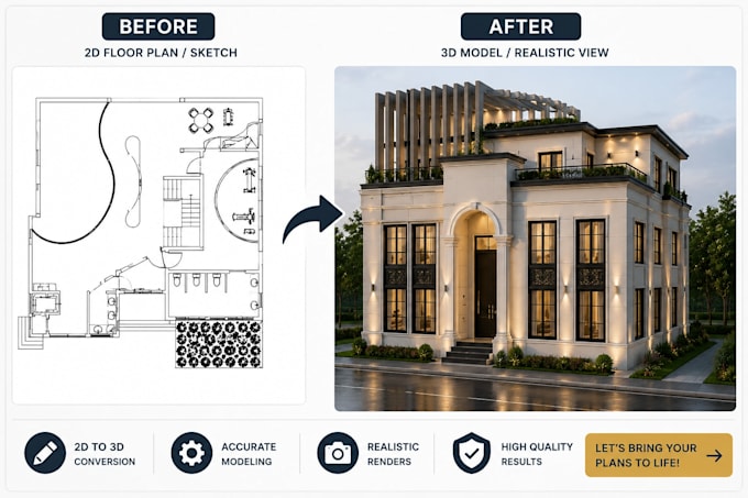 convert 2d floor plan into 3d revit model, sketchup and autocad