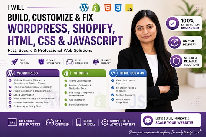 build, fix, and customize your wordpress, shopify, HTML CSS javascript website