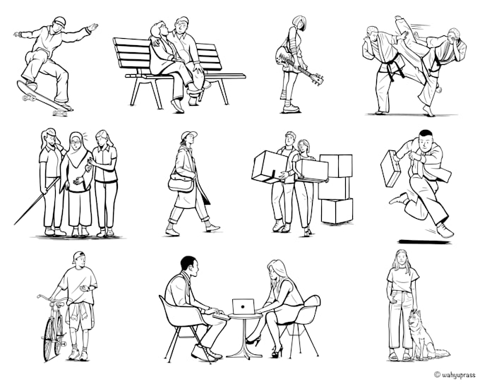 create simple line art illustrations, digital, black and white, character art