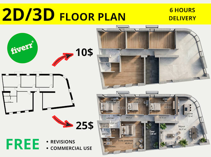 convert 2d to 3d floor plan in 6 hrs