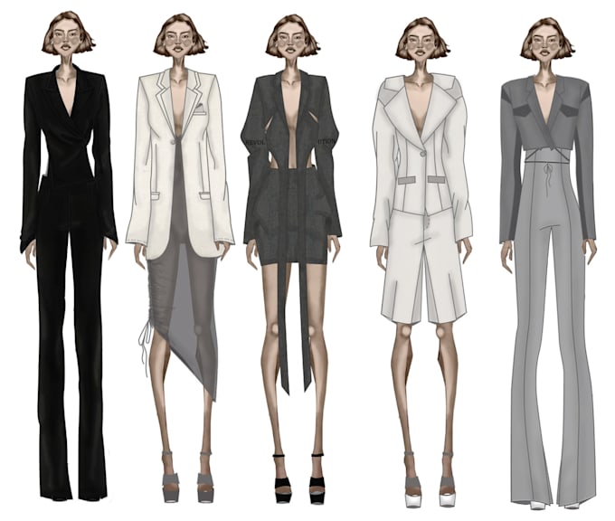 Create a fashion design collection with flat sketches and tech pack by ...