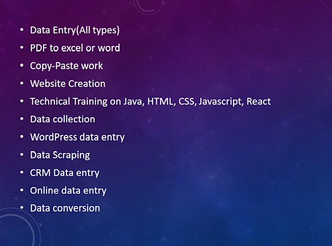 Data entry all types, training in java, html, css, javascript, website ...