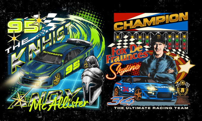 Create retro vintage edgy illustration for car clothing by