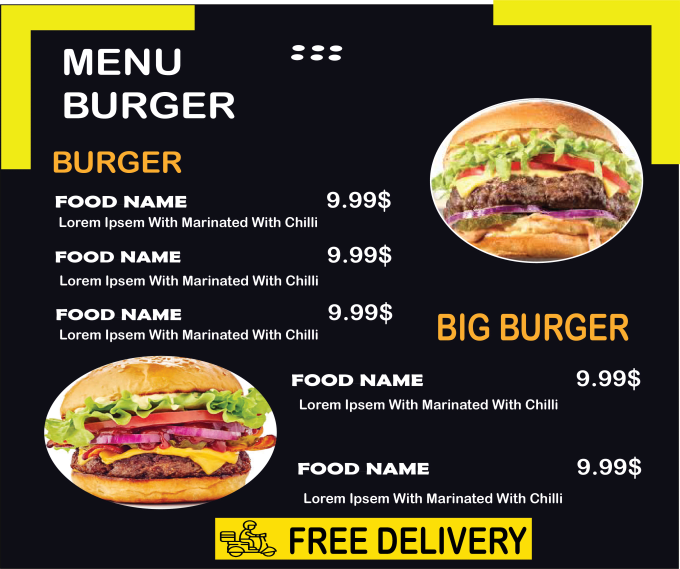 design professional, modern, a la carte, food menu