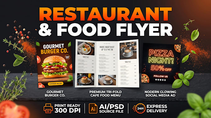 restaurant food flyer, poster, and digital menu
