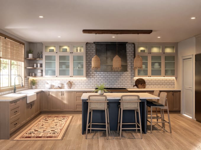create photorealistic 3d kitchen design and interior renders